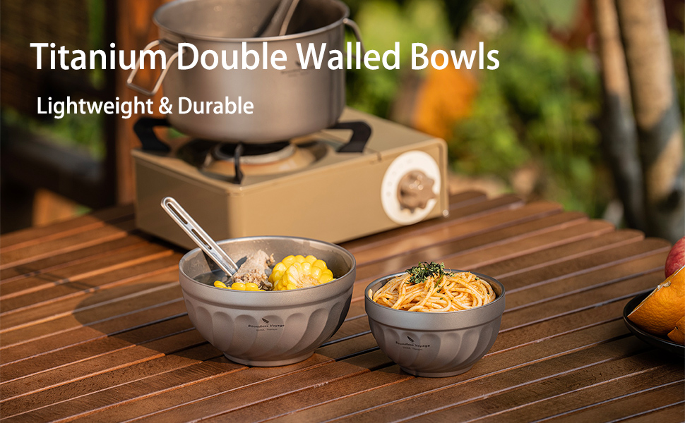 iBasingo Титанові миски з подвійними стінками 500мл та 800мл для каші, їжі, рису, супу. Легкі, портативні, металеві миски для кемпінгу та відпочинку на природі. (500ML Ti1168T)