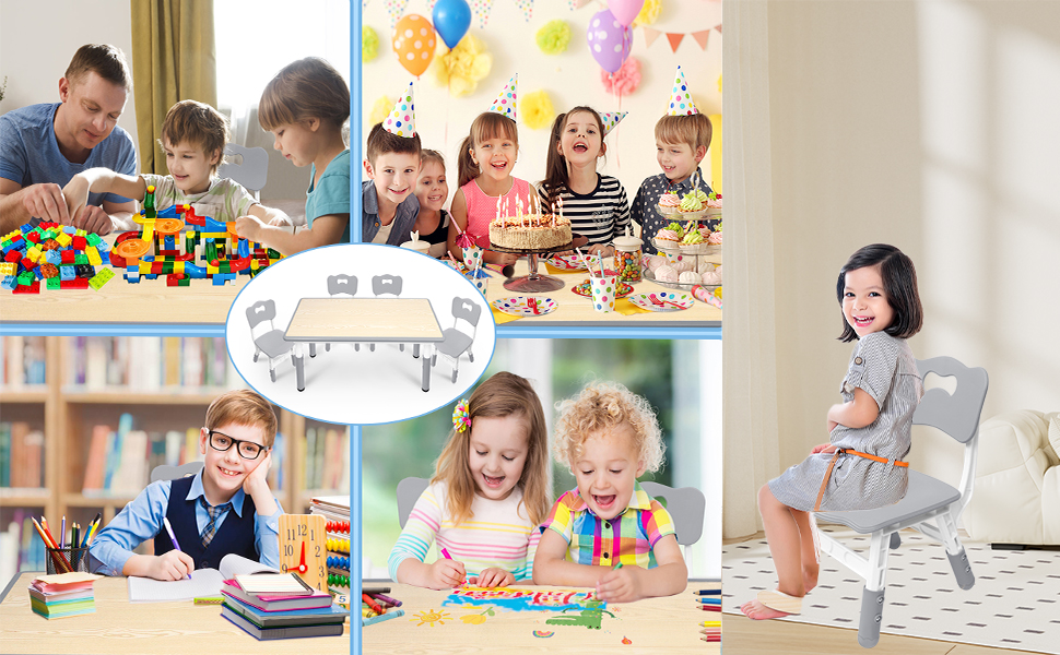 Дитячий стіл з 4 стільцями AufuN, регульована висота, комплект для дитячої кімнати, садка, класу. Легко миється, пластикові меблі (сірий)