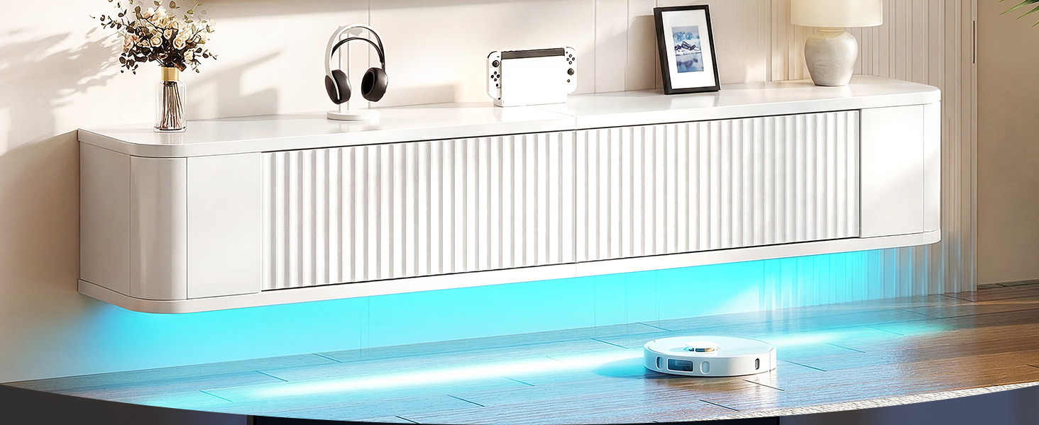 Підвісна тумба під телевізор YITAHOME 140 см з RGB підсвіткою, біла. Настінна поличка для ТБ з великим об'ємом для вітальні та спальні