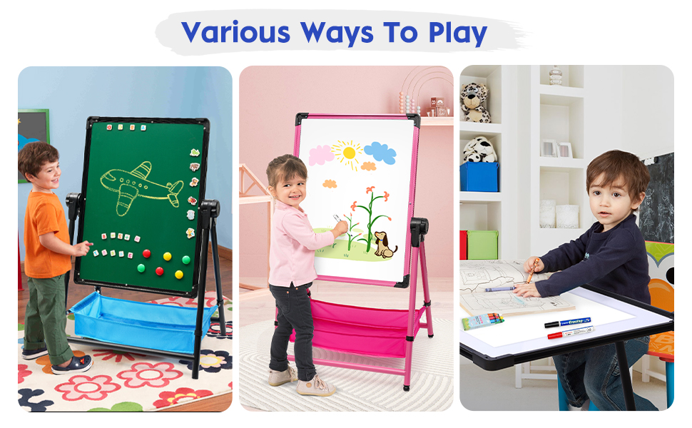 Дитяча мольберт Kinderstaffelei з двома боками, складний, регульована висота 74,9-111,8 см, з місцем для зберігання, поворотний на 360°, мольберт для малювання та дошка з набором літер та цифр, рожевий для хлопчиків та дівчаток