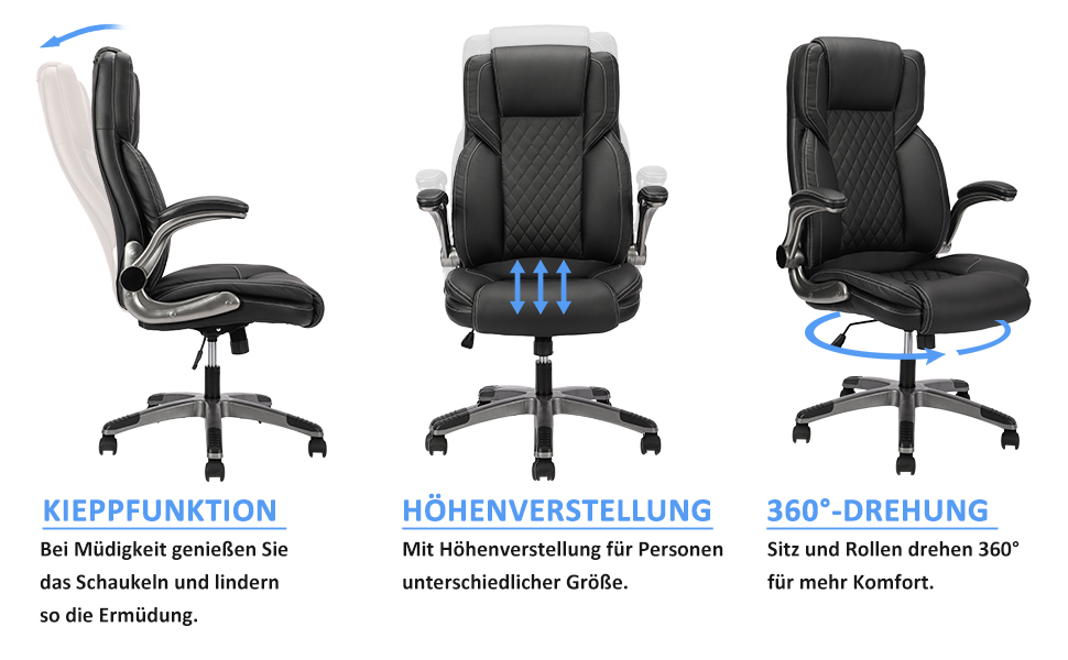 Ергономічне крісло для офісу 180 кг, крісло для столу з високою спинкою та широким сидінням, відкидні підлокітники, комп'ютерне крісло для офісу, дому, геймінгу (Чорний, без масажу)