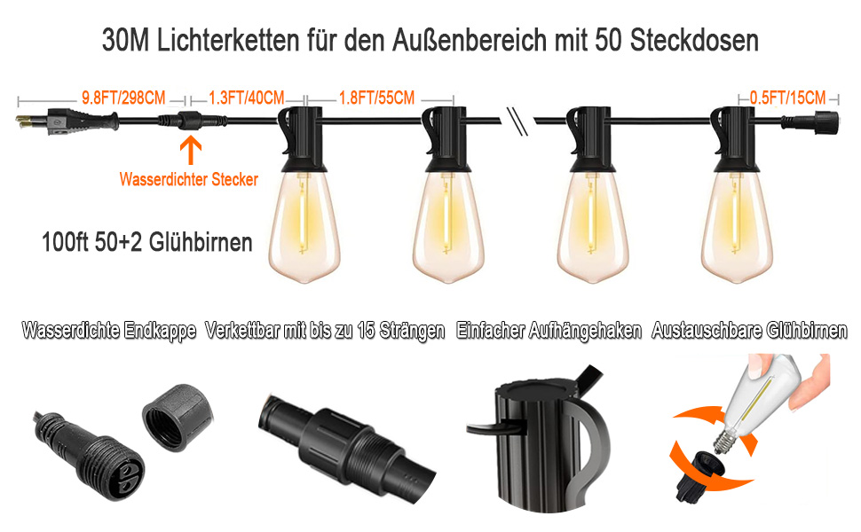 LED гірлянда для зовнішнього використання, вологостійка IP65 з 15+1 лампочками E27 2700K тепле біле світло для саду, тераси, вечірок. Довжина 30 метрів. [Енергоклас G]