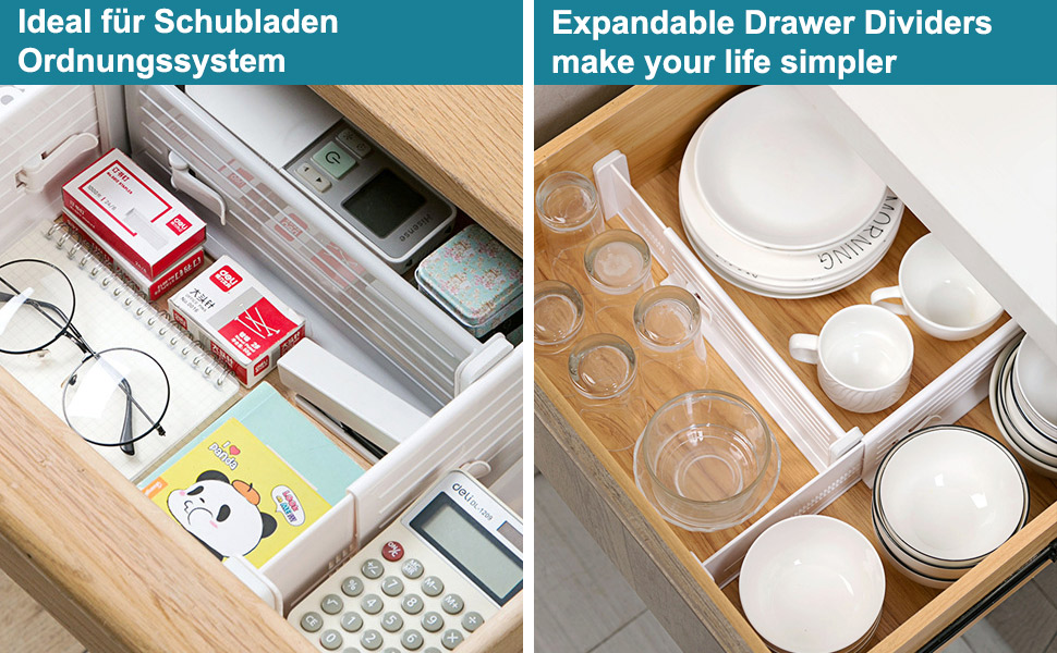 Організатори для ящиків MOFELON (8 шт.), регульовані роздільники для ящиків (33-58.5 см, 6.4 см H), система організації для шаф, комодів, кухні, спальні, ванної кімнати - білий