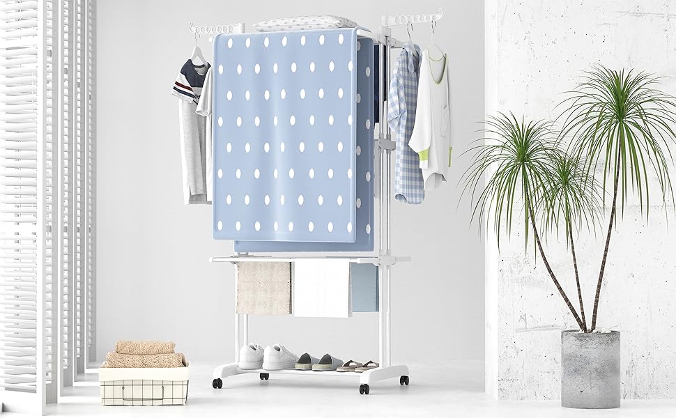 Сушарка для білизни SIMPDIY вертикальна баштового типу, розкладна сушарка з 6 крилами та 2 бічними панелями на колесах для дому та вулиці, біла