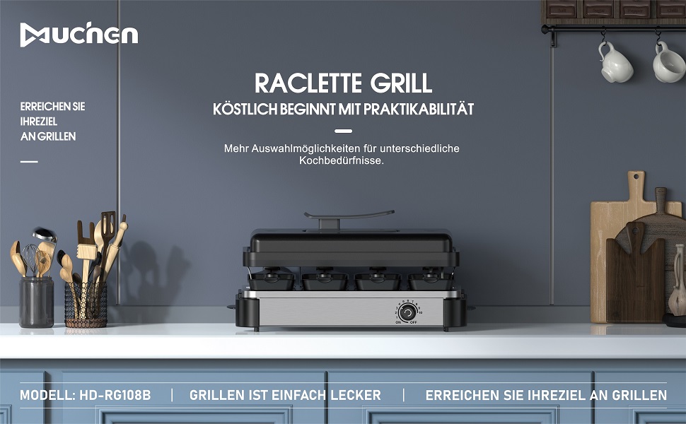 Електричний гриль-рателі Muchen на 8 осіб з антипригарним покриттям, регулюванням температури та 8 сковородами для рателі