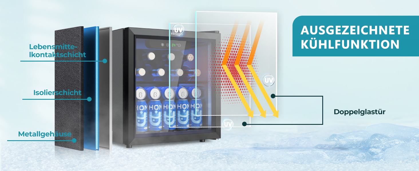 Міні-холодильник EUHOMY для напоїв на 55 банок з скляною дверцятами, чорного кольору, 36 л, для офісу, кімнати, бару, з LED-підсвіткою, 43 дБ