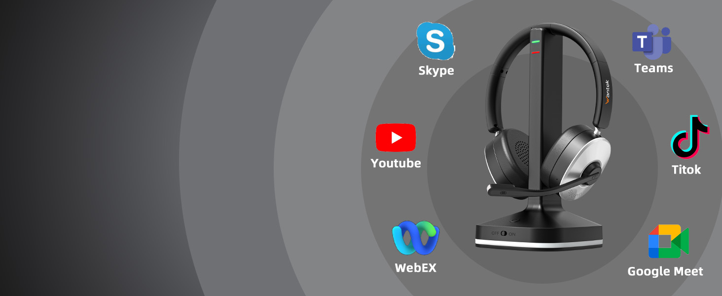 Бездротова гарнітура Wantek з мікрофоном та зарядною станцією, Bluetooth-навушники з USB-адаптером для кол-центру, офісу, Zoom, Skype та Teams, чорно-сріблясті