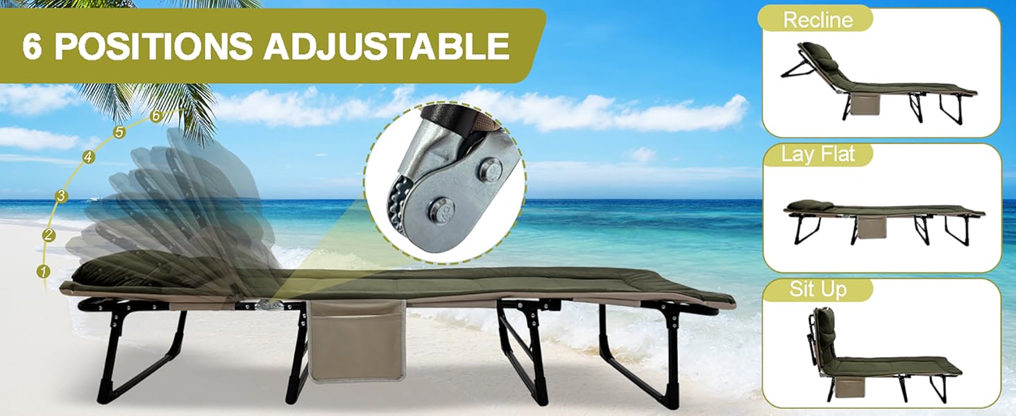 Розкладне кемпінгове ліжко XXL — Широка складана койка-розкладачка з регульованою спинкою для відпочинку, риболовлі та саду, зелена