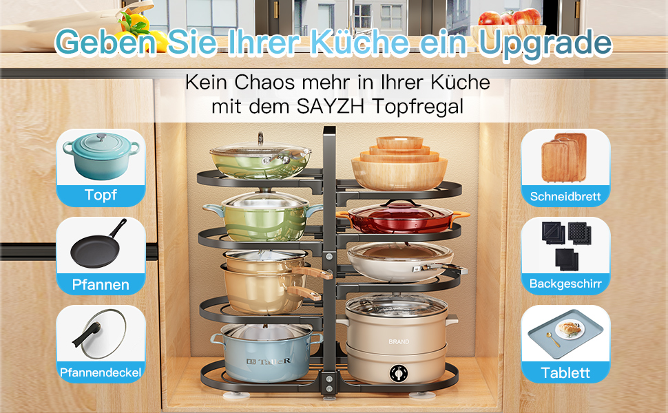 Регульований органайзер для каструль і сковорідок SAYZH, 8 рівнів, чорний, оновлений дизайн з нержавіючої сталі