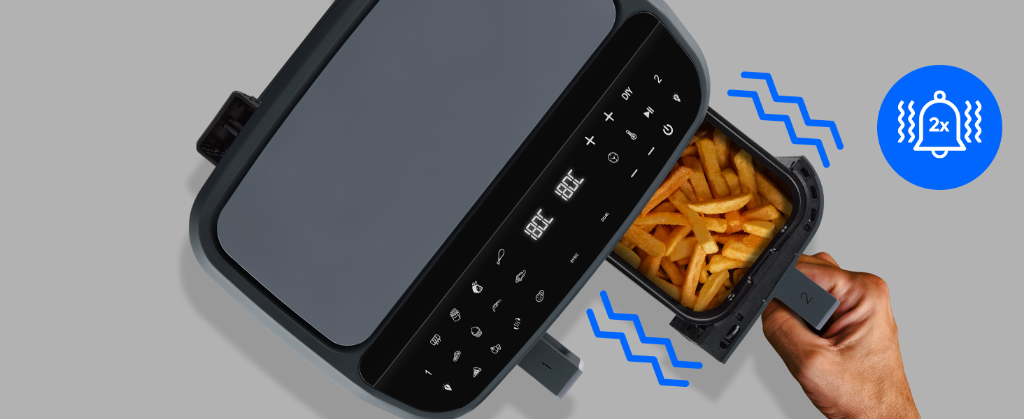 MEDION P20 XXL Фритюрниця з гарячим повітрям з 2 камерами (8,7 л, Airfryer, 2600 Вт, подвійна камера, 10 автоматичних програм, 2 висувні ящики, віконце, Dual Airfryer, ILAG PFAS-free, MD11760) матово-білий, матово-сірий