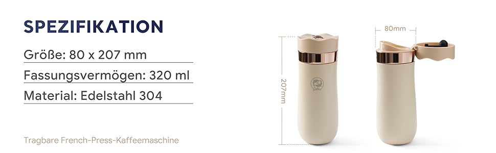 RECAFIMIL Французька кавомашина для подорожей з нержавіючої сталі, 340 мл, для кемпінгу та подорожей, кремовий колір