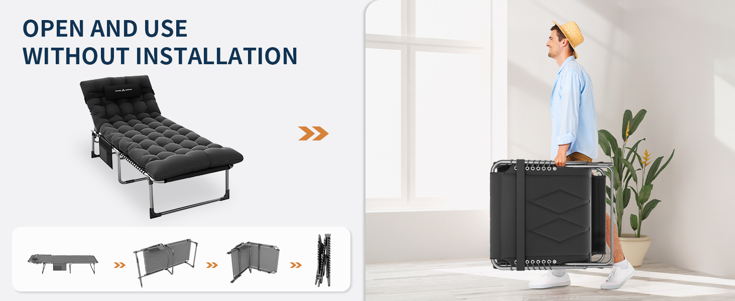 Розкладне ліжко для кемпінгу UDPATIO: зручне ліжко для відпочинку на природі, регульована спинка, з матрацом, чорний колір