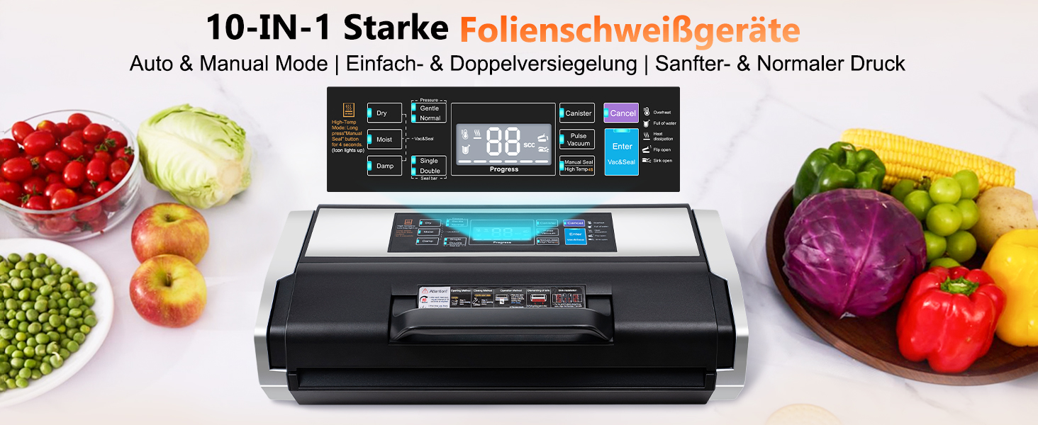 Вакууматор MZROT для продуктів харчування, -95кПа, 230Вт, з подвійним швом, 10 режимів (сухий/вологий), вбудованим різаком, чорно-сріблястий (в комплекті рулон та 15 пакетів)