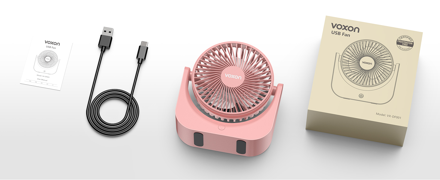 VOXON USB вентилятор міні настільний з 5 швидкостями, рожевий. Тихий USB-вентилятор для офісу, дому, спальні. Кабель 1,5м, без батарейок