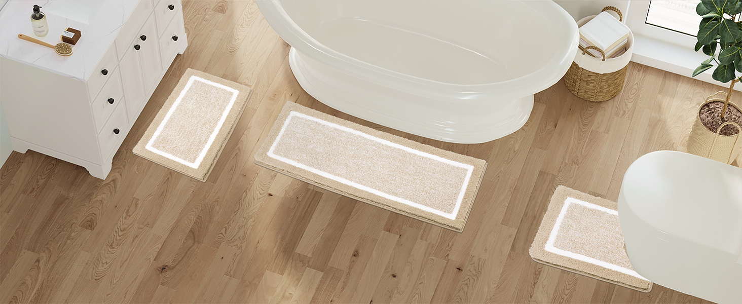 Набір килимків для ванної кімнати Pauwer: м'який килимок з високим ворсом, килимок для душу, килимок для туалету, машинне прання, антиковзаючі, (бежевий, 45 x 65 + 45 x 120 + 50 x 60 см)
