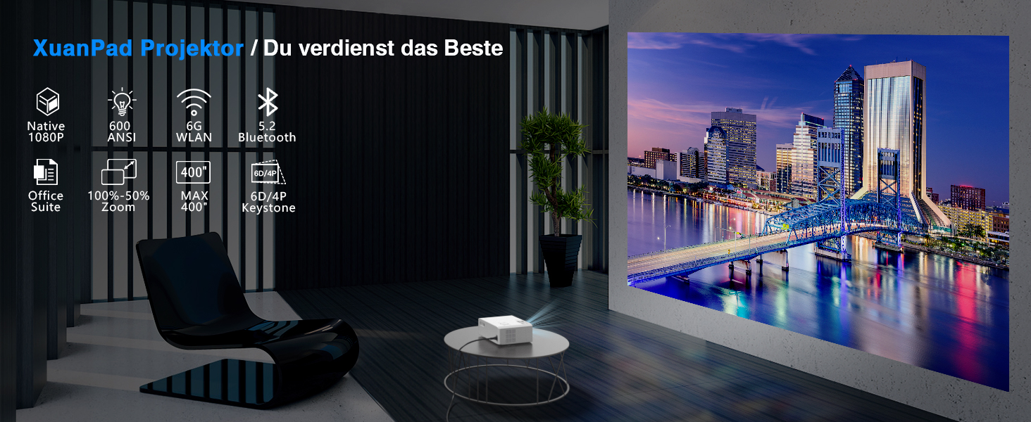 Проектор XuanPad з AI-автофокусом та сертифікацією Netflix, WiFi, Bluetooth, 30000 лм, 1080P, поворотний на 210°, автоматична корекція Keystone, система видалення пилу та відведення тепла