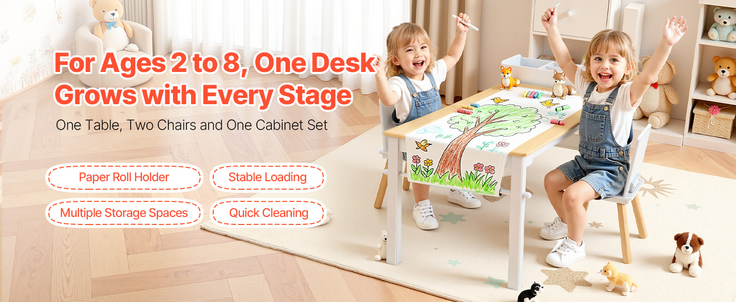 Дитячий стіл VEVOR з 2 стільцями та шафкою 3 ящики, набір для малювання, читання, письма, ігор, дитяча кімната, дитячий садок, білий + натуральне дерево, сучасний дизайн