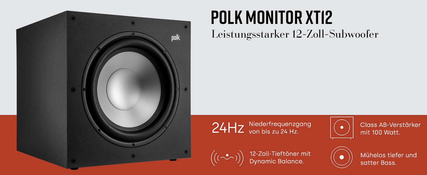 Активний сабвуфер Polk Audio Monitor XT12, 12-дюймовий сабвуфер, підсилювач класу AB 100 Вт, чорний