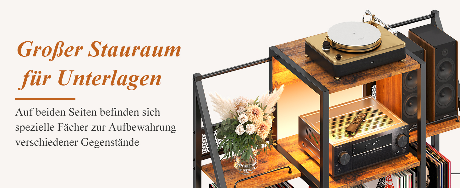 Підставка для програвача вінтаж велика з розеткою та LED-підсвіткою, тримач для платів, полиця для вінілу на 300 альбомів, для вітальні, спальні