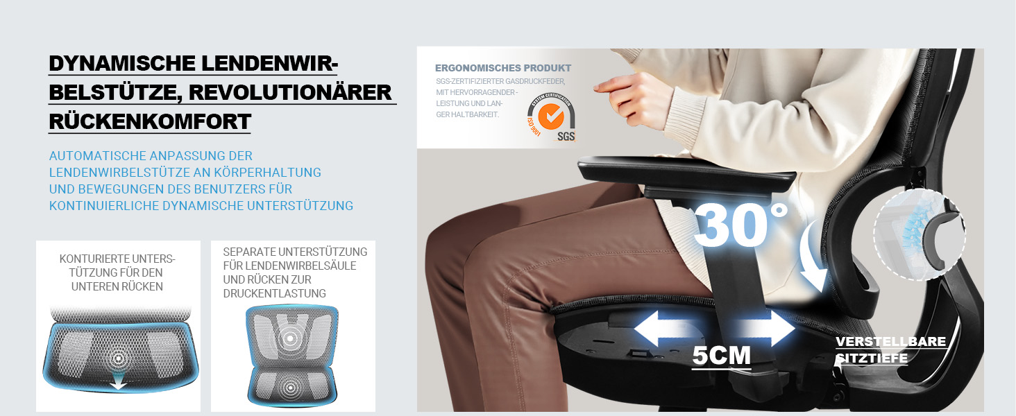 Ергономічне крісло для офісу та дому, 4D підлокітники, регулювання глибини сидіння, 4-рівневий нахил, гумові колеса, сітчасте сидіння, висока спинка, для великих людей, Homeoffice & Gaming (Сірий, сітчасте сидіння)