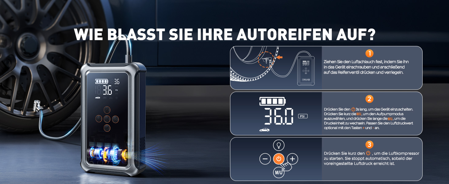 Powerbank для автомобіля Starthilfe 5000A з компресором 150PSI, 12V для бензину та дизеля (10.0L), LED, USB-C