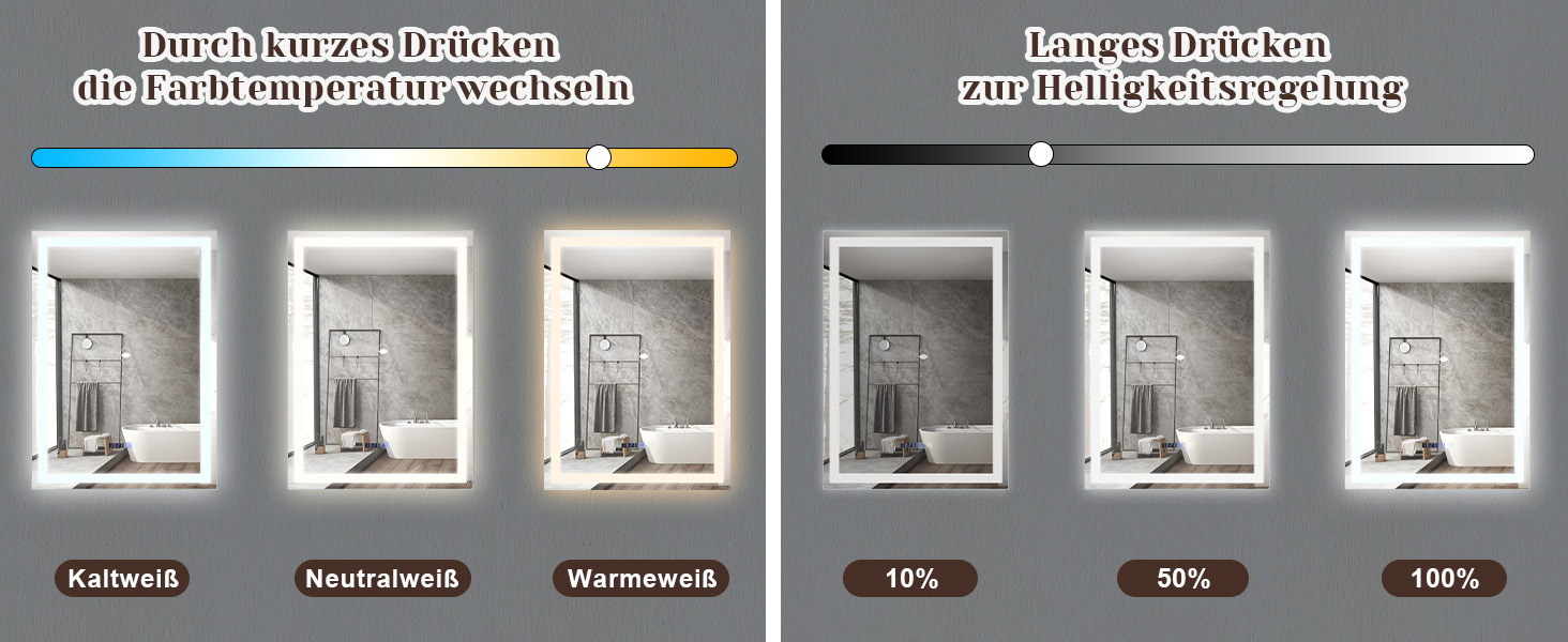 Дзеркало для ванної кімнати Mursche з підсвічуванням LED, 50x70 см, IP44, сенсорний вимикач, годинник, протитуманна функція, регулювання яскравості, 3000K-6500K, прямокутна форма