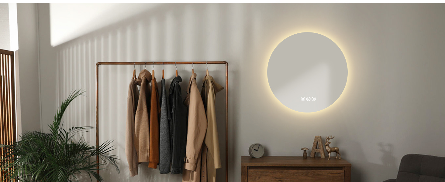 Дзеркало для ванної кімнати EMKE з підсвічуванням, діаметр 50 см, регульоване холодне біле світло, функція пам'яті, вимикач, IP44, енергозберігаюче, з підсвічуванням ззаду, дзеркало для ванної кімнати (3 кольори світла + проти запотівання, 80 x 80 см)