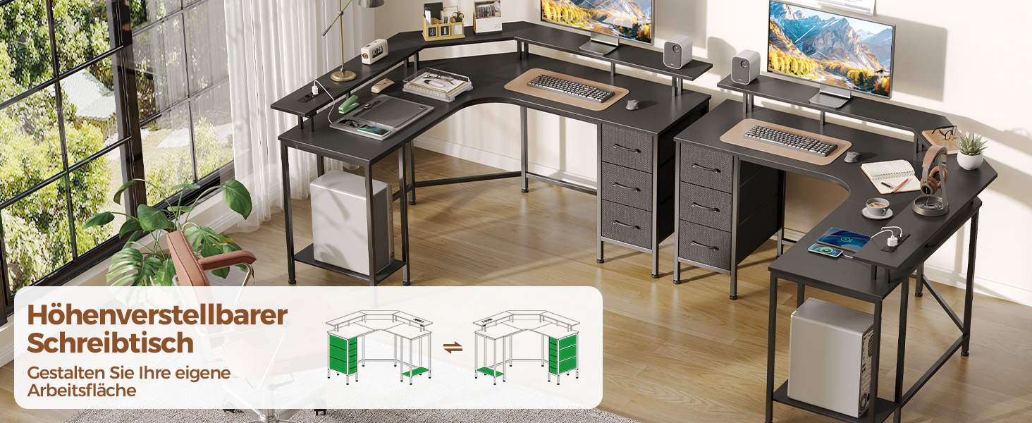 Ігровий кутовий стіл Seventable L-подібний з LED підсвіткою та розетками, 3 ящики, чорний 135x135x88 см