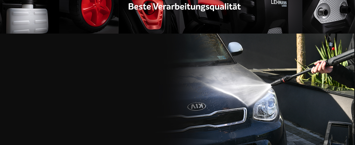 Високотискний мийник LEHMANN Hudson з алюмінієвим насосом, 1800 Вт, макс. 220 бар, продуктивність 450 л/год, комплектація: щітка для тераси, піногенератор, щітка для дисків, ідеальний для миття автомобілів