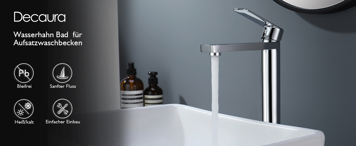 Змішувач для умивальника Decaura, хром, нержавіюча сталь, однорідний, висота виливу 250 мм, для накладних умивальників