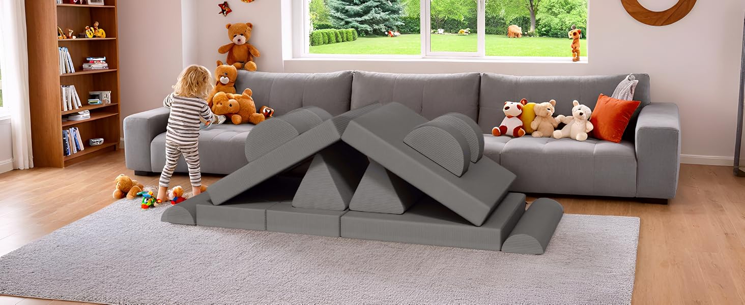 Модульна дитяча кушетка-конструктор MAMIZO Spielsofa Cord, 15 елементів, сірий колір. Кушетка для ігор та відпочинку, екологічна тканина Oeko-Tex, для дитячої кімнати.