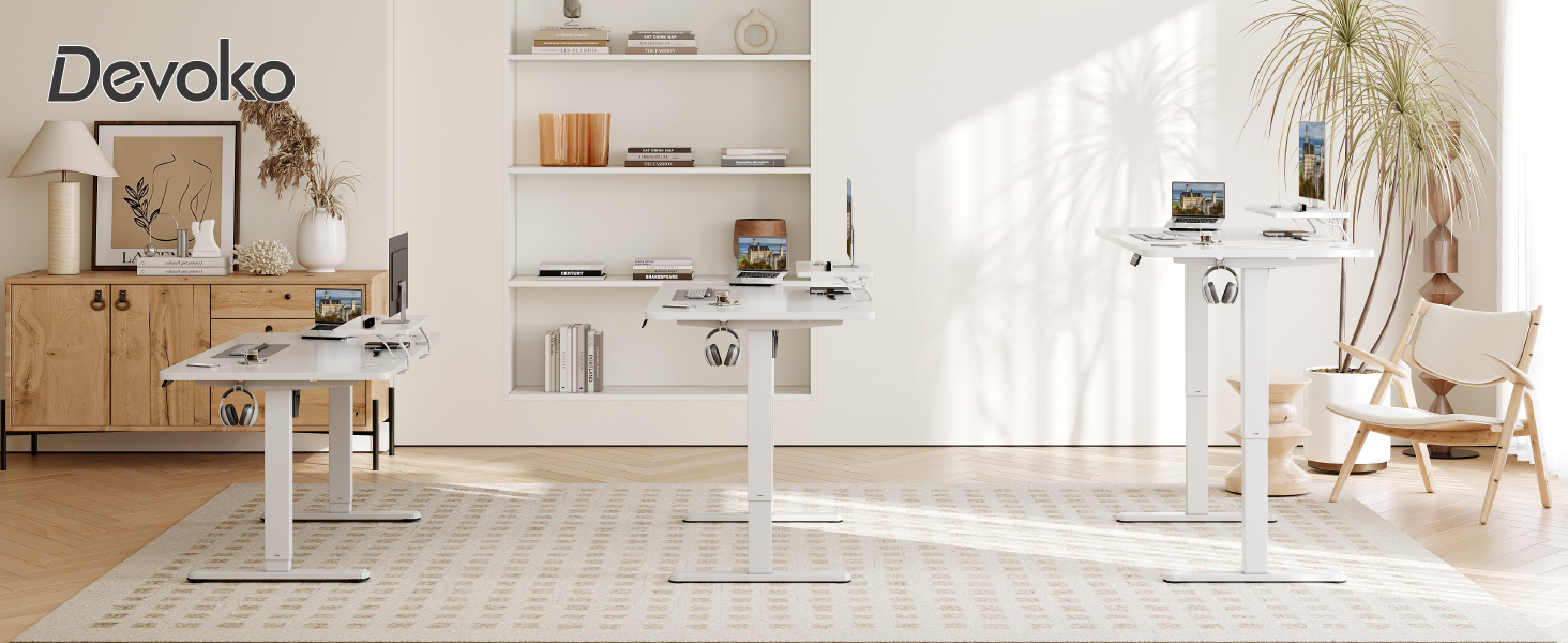 Електричний стіл Devoko з регулюванням висоти та підставкою для монітора, пам'ять 2 положення (білий, 180 x 80 см)