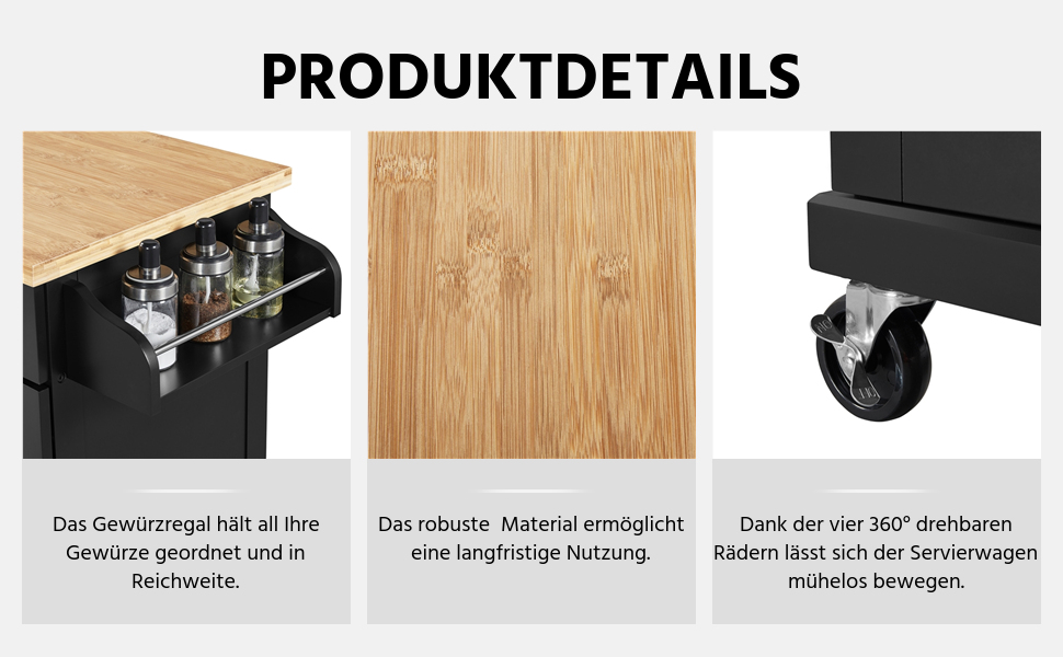 Кухонний візок Yaheetech з висувною шухлядою та 3 шафками, чорний, 66 x 45,5 x 91,5 см
