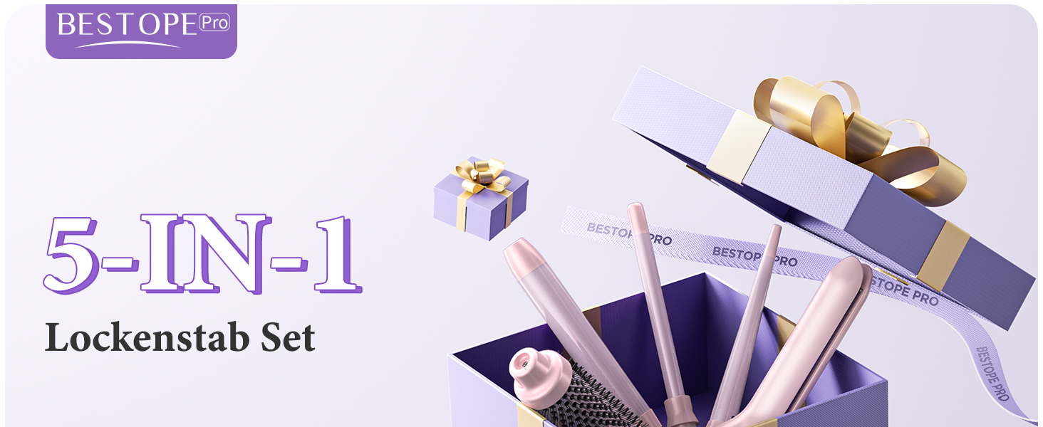 BESTOPE PRO Локкенстаб: Набір випрямляча та плойки 5 в 1 з термощіткою, 3 плойки (9-25 мм) для великих локонів, 13 температур, захисне покриття, рукавичка, затискач (Блідо-рожевий)