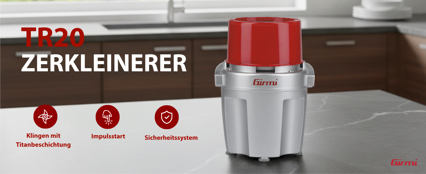 Подрібнювач Girmi TR20 600 Вт, 250 мл, з титановим покриттям, сірий/червоний, безпечний, для посудомийної машини