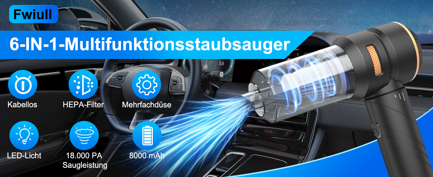Бездротовий ручний автомобільний пилосос 4 в 1, потужність 18000Па, безщітковий двигун 200000 об/хв, 3 рівні всмоктування для авто, дому та шерсті тварин, сріблясто-чорний