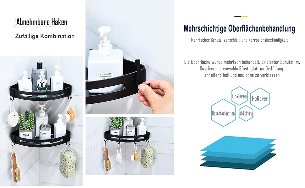 Душова полиця чорна, настінна металева полиця для ванної без свердління, кутова полиця з гачками, антикорозійна, 2 шт., матова