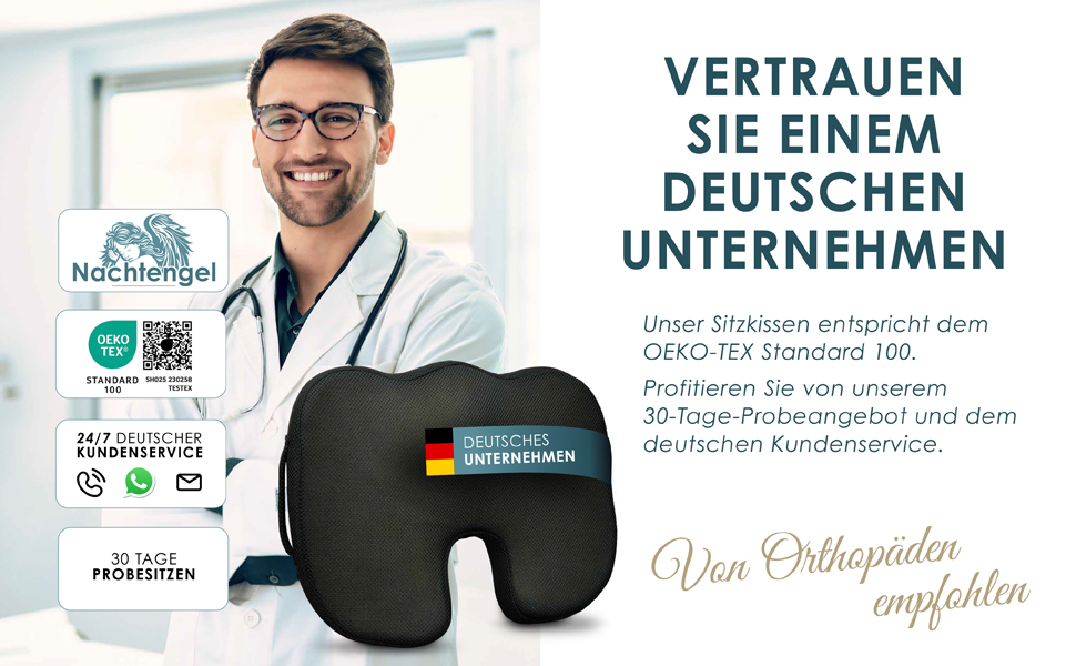 Ортопедична подушка для сидіння Nachtengel з Memory Foam для ергономічного комфорту, полегшення болю в куприку та спині – ідеально для офісного крісла, автосидіння (1 шт, чорний, Medium)
