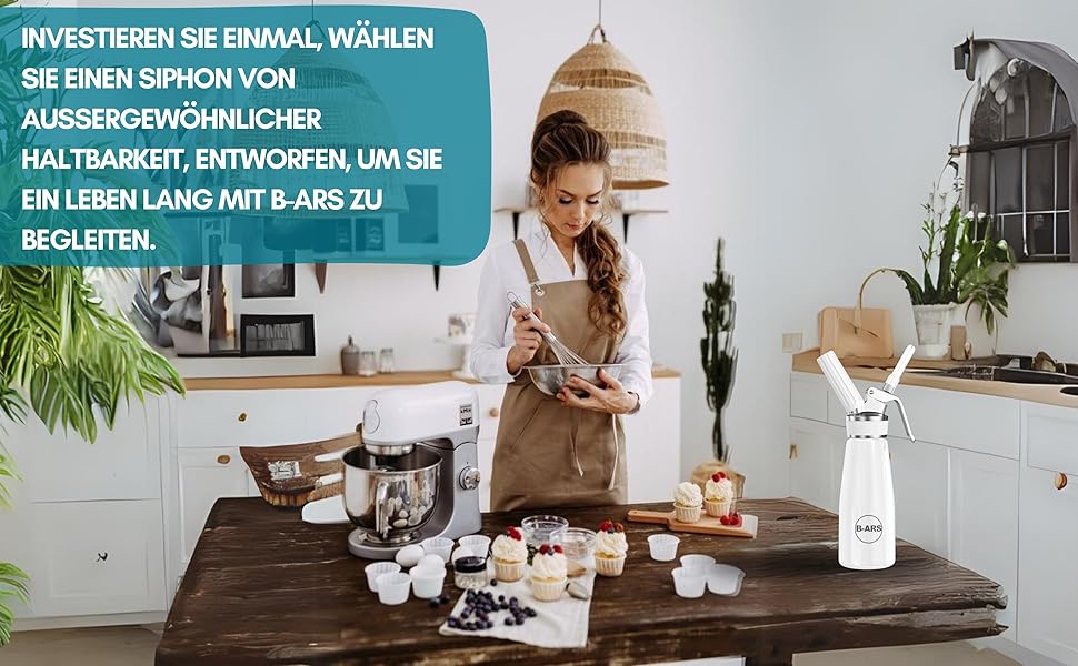 Кухонний сифон B-ARS з алюмінію, 500 мл, білий – аксесуар для холодних мусів та десертів, без системи тиску, з нержавіючою сталевою насадкою, придатний для миття в посудомийній машині