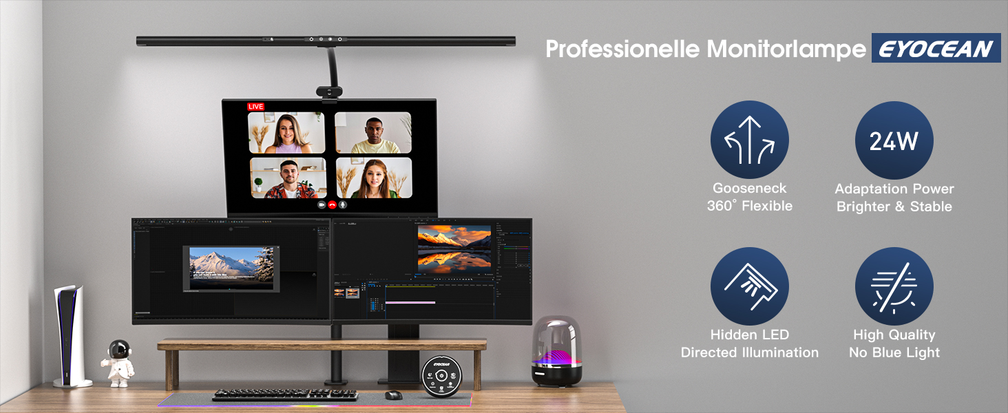 LED лампа настільна EYOCEAN 24W, 80см з жестами, диммування, захист очей, для офісу, читання, архітекторів, дизайнерів, чорна