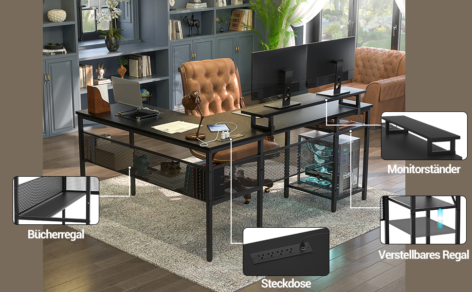 L-подібний ігровий стіл, 141x117x76 см, з полицею, для дому, офісу, навчання, ігор, чорний