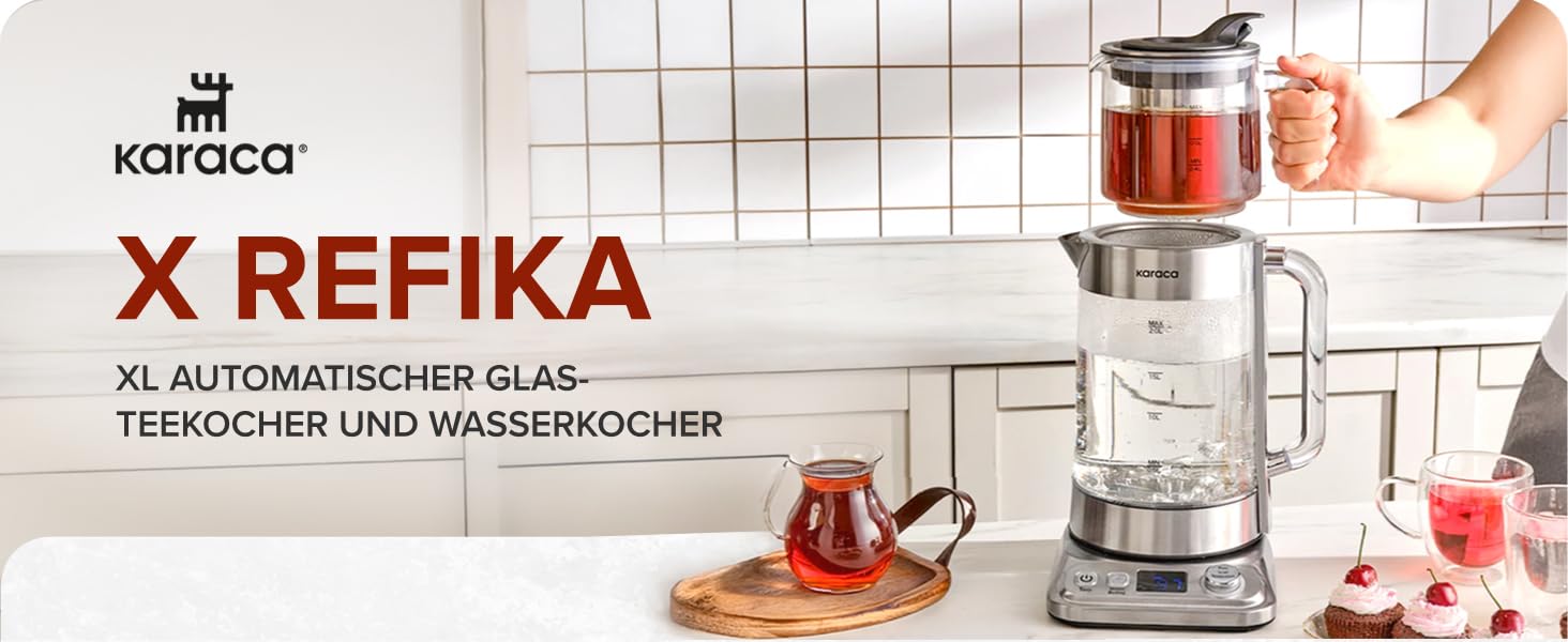 Електричний чайник та заварник Karaca X Refika XL з автоматичним регулюванням температури, 2л, 0.8л, 2200W, хром