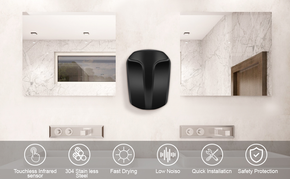 Електричний сушар для рук QL автоматичний, з HEPA-фільтром, нержавіюча сталь, для ванної кімнати та туалету, 1150W, чорний