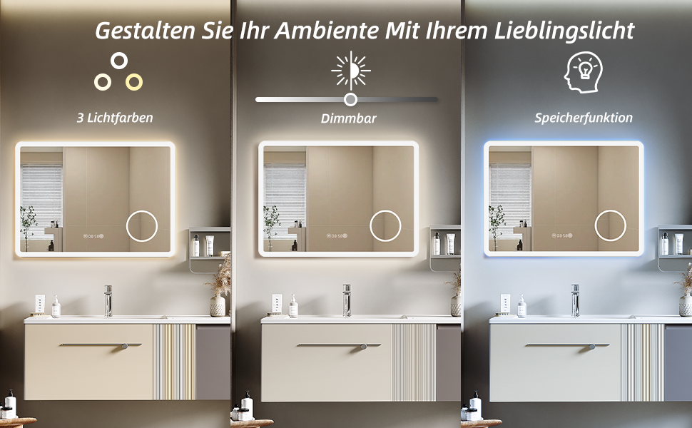 Дзеркало для ванної кімнати HySail з підсвічуванням, 5 мм, високоякісне срібне дзеркало, 3 колірні температури та регульована яскравість, настінне дзеркало з сенсорним вимикачем та захистом від запотівання, прямокутне (3 кольори + регулювання + дзеркало для макіяжу + годинник, 120 x 70 см)