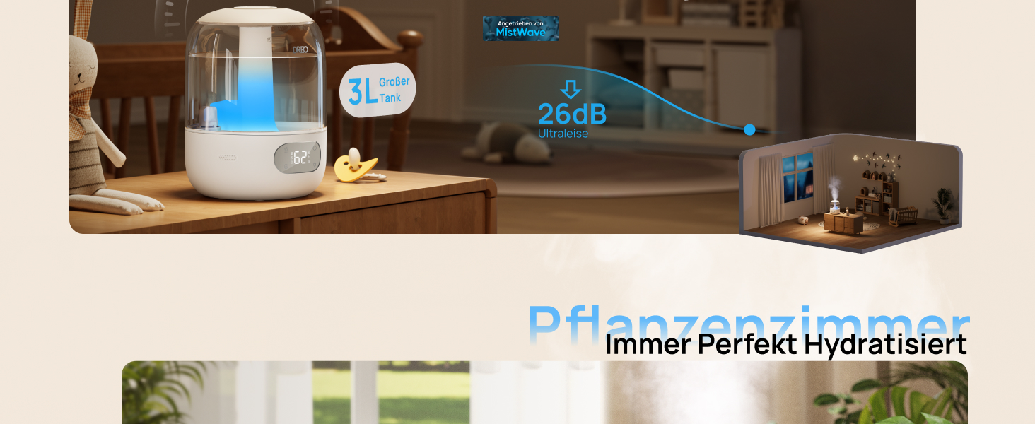 Зволожувач повітря Dreo для спальні: ультразвуковий, холодний туман, 3L, датчик вологості, нічник, для дітей, кімнатних рослин та дому (білий)