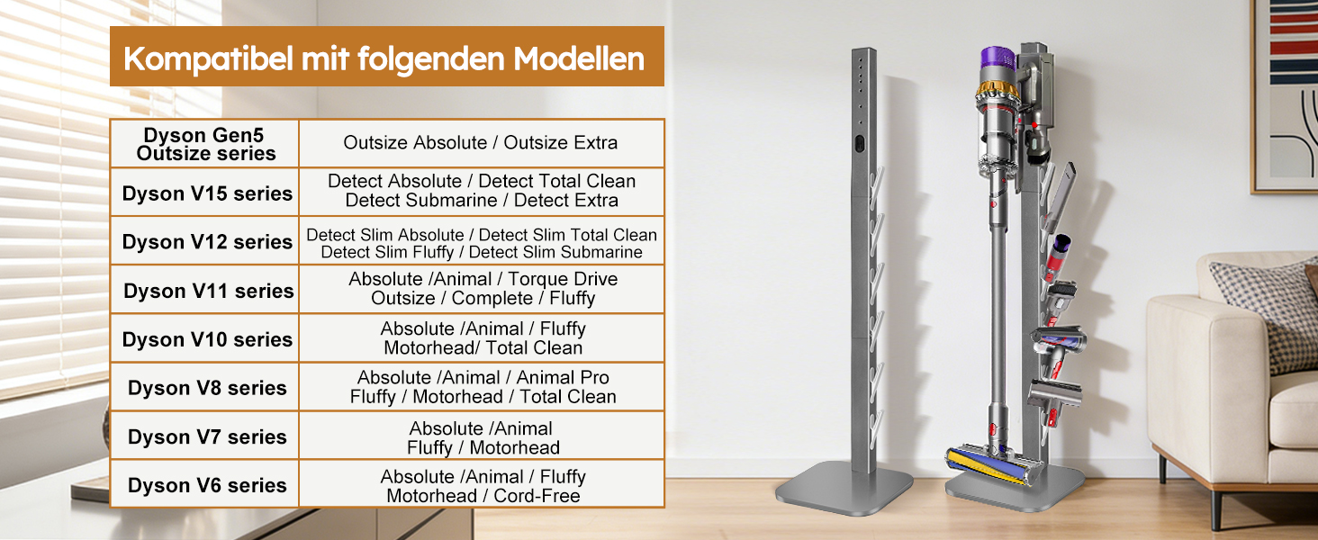 Стійка для пилососа Dyson Gen5 V15 V12 V11 V10 V8 V7 V6 – на підлогу, з 6 гачками, срібляста