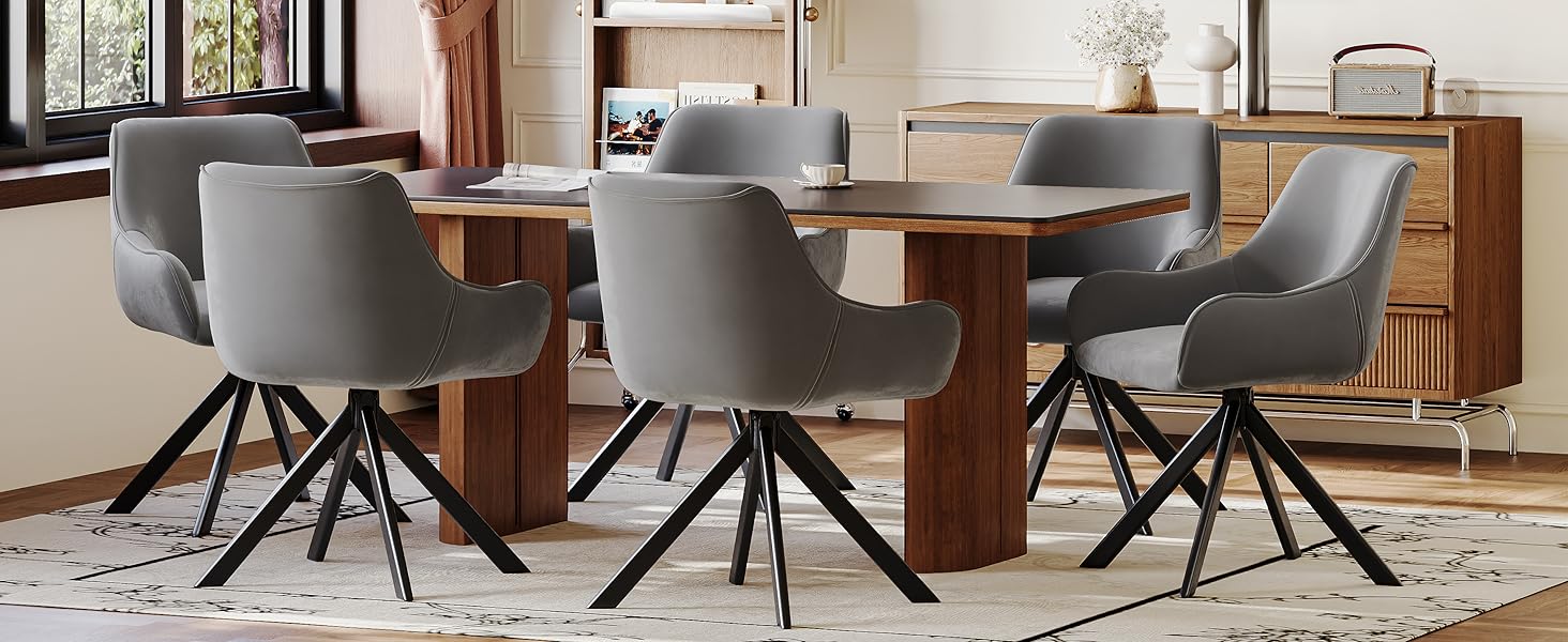 Обідні стільці поворотні, комплект 6 шт. з підлокітниками, сучасний дизайн, металевий каркас, для кухні, вітальні, офісу, бежевий/світло-сірий (льон/велюр)