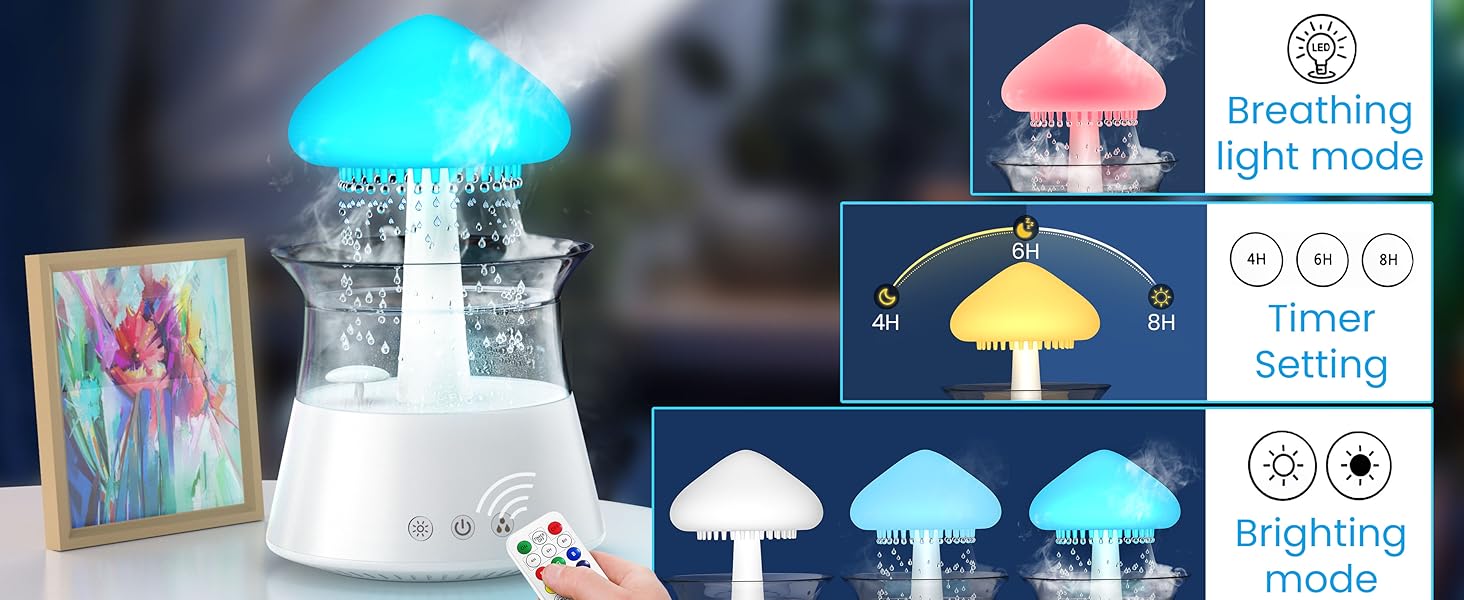 Зволожувач повітря Diffuserlove Rain Clouds з дистанційним керуванням Грибна лампа Кімнатний зволожувач повітря Спальня біла