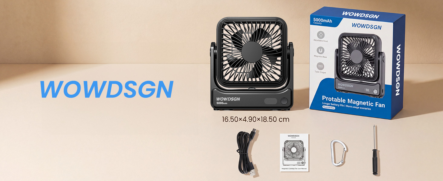 Вентилятор настільний USB WOWDSGN з магнітною основою, LED-дисплеєм та акумулятором 5000mAh, 4 режими, для кемпінгу, подорожей, офісу - Чорний