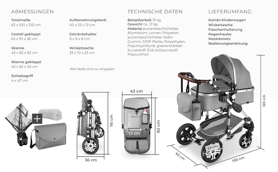 Дитяча коляска Tectake 2 в 1, розкладний візок-бугі з функцією ліжечка, з підставкою для ніг, візок з тримачем для напоїв, знімною колискою та дощовиком (Сірий)